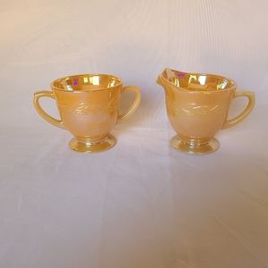 Vintage Fire King Peach Luster Laurel Leaf Creamer Sugar Set Ovenware USA